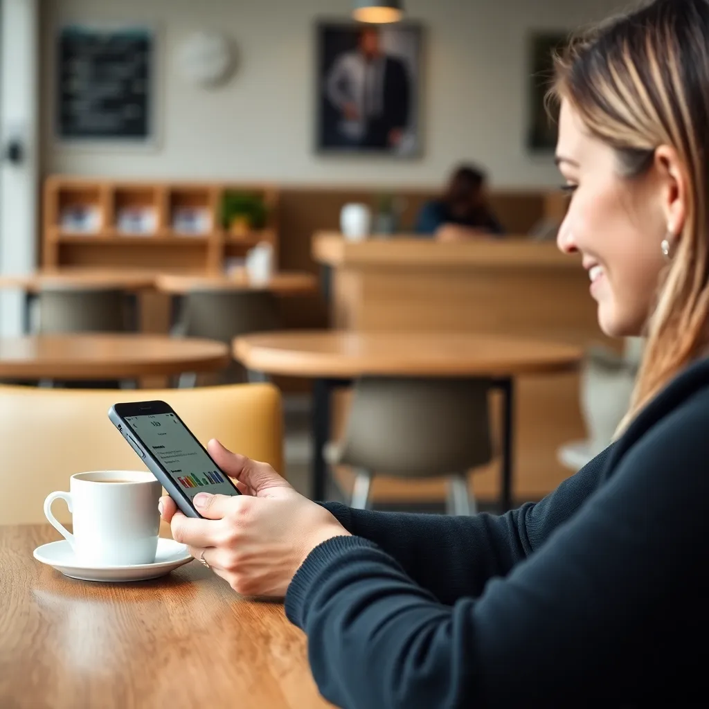 Persoon die cursus volgt op mobiel apparaat in een café